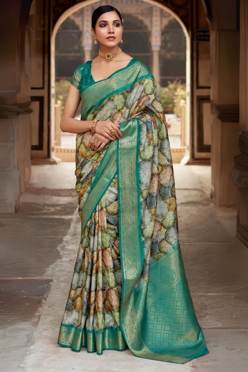 Devastating Green Digital Printed Soft Silk Saree With Winsome Blouse Piece