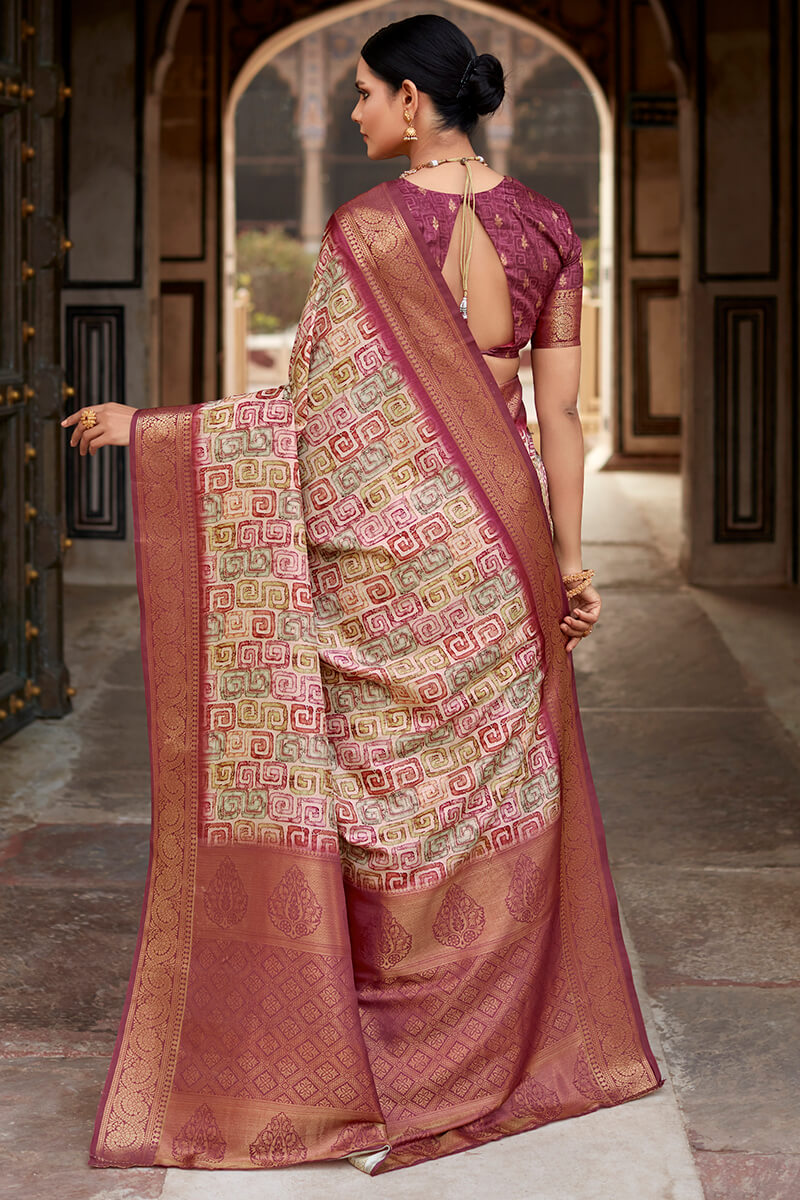 Elaborate Wine Digital Printed Soft Silk Saree With Resonant Blouse Piece