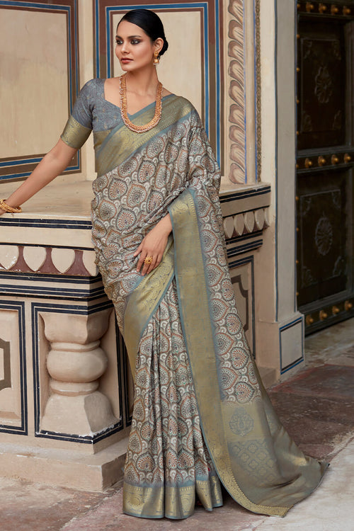 Load image into Gallery viewer, Enchanting Grey Digital Printed Soft Silk Saree With Alluring Blouse Piece
