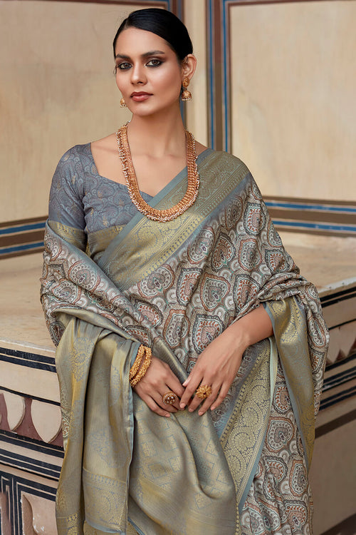 Load image into Gallery viewer, Enchanting Grey Digital Printed Soft Silk Saree With Alluring Blouse Piece
