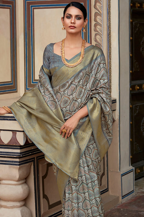 Load image into Gallery viewer, Enchanting Grey Digital Printed Soft Silk Saree With Alluring Blouse Piece
