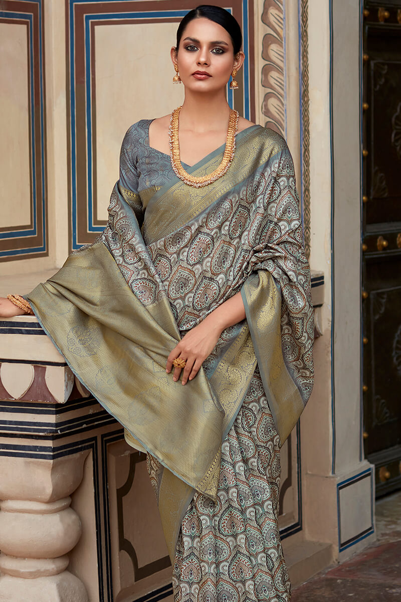 Enchanting Grey Digital Printed Soft Silk Saree With Alluring Blouse Piece