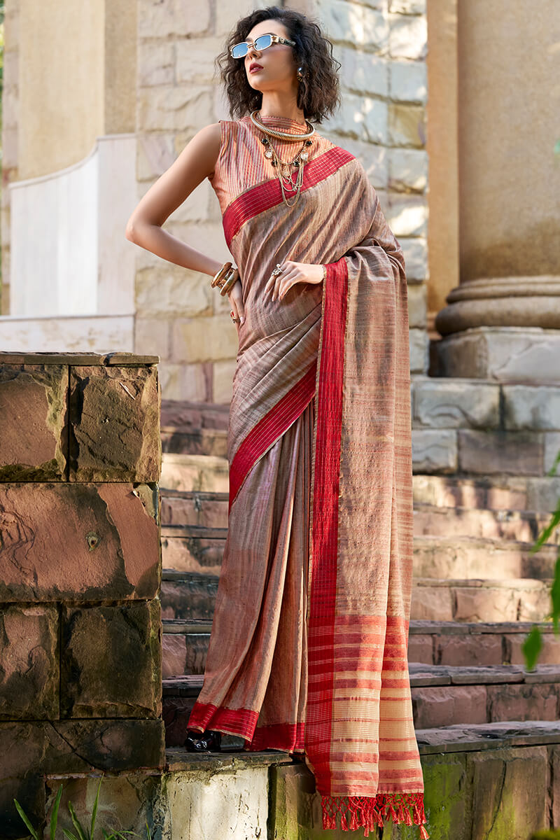 Staring Brown Cotton Silk Saree With Appealing Blouse Piece