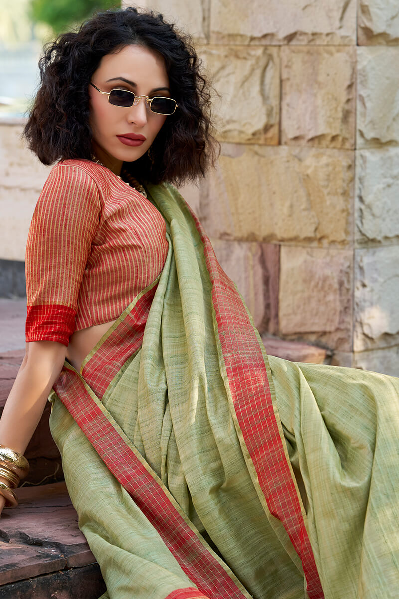 Arresting Pista Cotton Silk Saree With Prominent Blouse Piece