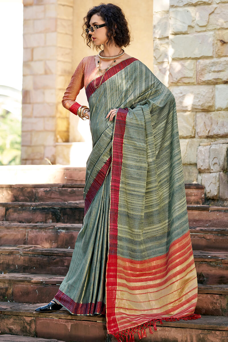 Lagniappe Dark Green Cotton Silk Saree With Vestigial Blouse Piece