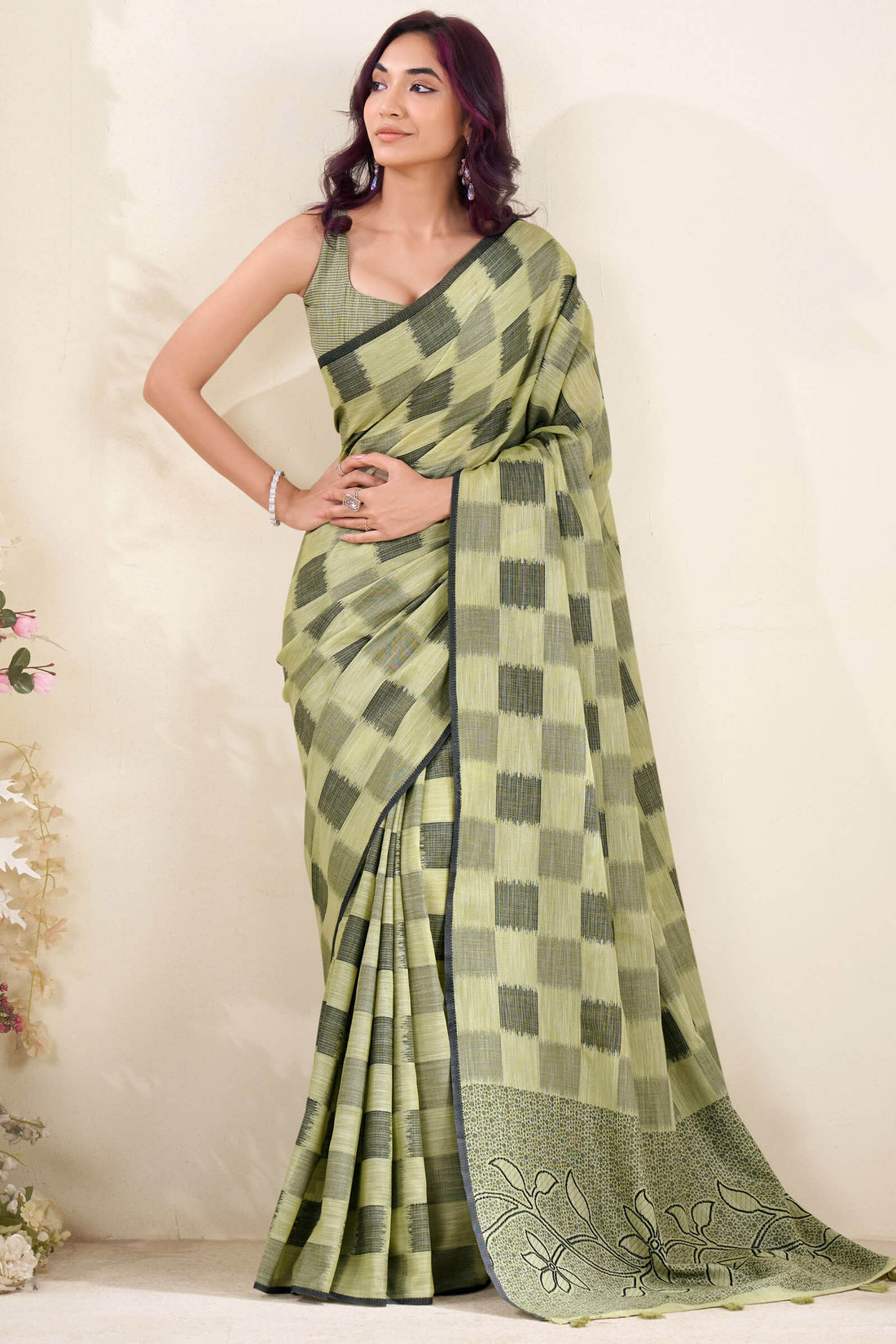 Stylish Green Cotton Silk Saree With Innovative Blouse Piece