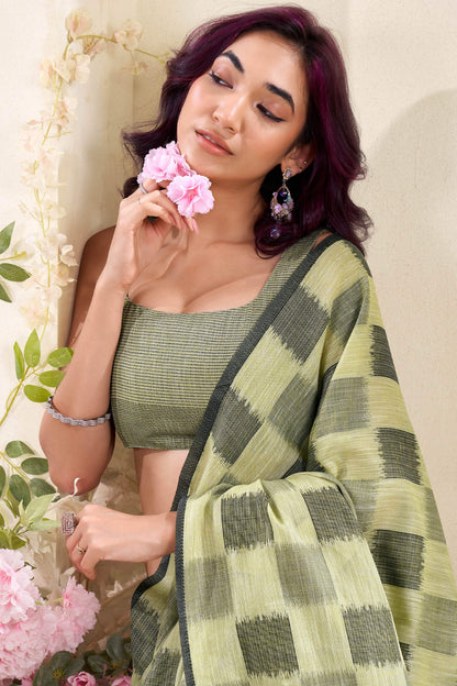 Stylish Green Cotton Silk Saree With Innovative Blouse Piece