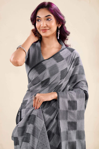 Exquisite Grey Cotton Silk Saree With Comely Blouse Piece
