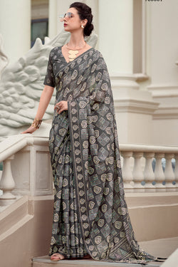 Innovative Grey Printed Mul Cotton Saree With Dazzling Blouse Piece