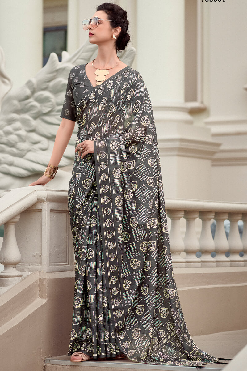 Innovative Grey Printed Mul Cotton Saree With Dazzling Blouse Piece