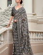 Innovative Grey Printed Mul Cotton Saree With Dazzling Blouse Piece