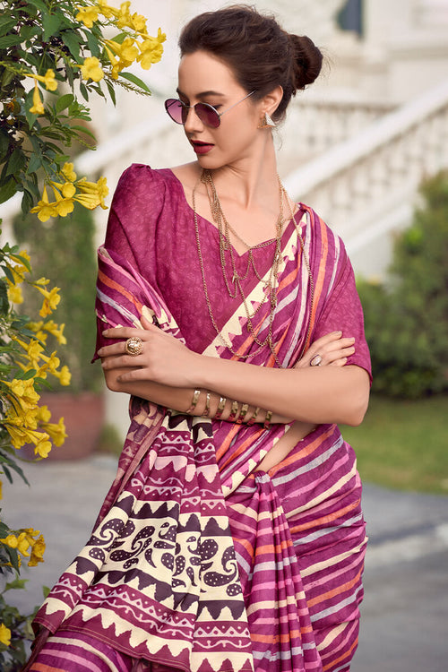 Load image into Gallery viewer, Sonorous Dark Pink Printed Mul Cotton Saree With Verdant Blouse Piece
