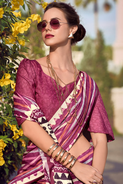 Load image into Gallery viewer, Sonorous Dark Pink Printed Mul Cotton Saree With Verdant Blouse Piece
