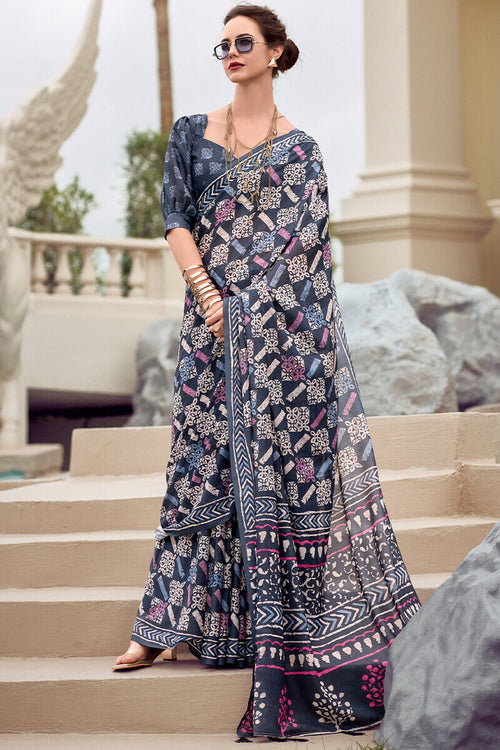 Load image into Gallery viewer, Flameboyant Blue Printed Mul Cotton Saree With Exquisite Blouse Piece
