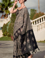 Jazzy Beige and Black Printed Mul Cotton Saree With Adorable Blouse Piece