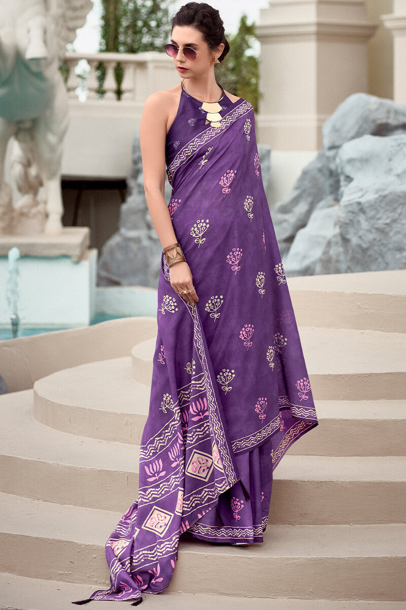 Tremendous Purple Printed Mul Cotton Saree With Alluring Blouse Piece