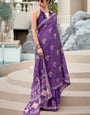 Tremendous Purple Printed Mul Cotton Saree With Alluring Blouse Piece