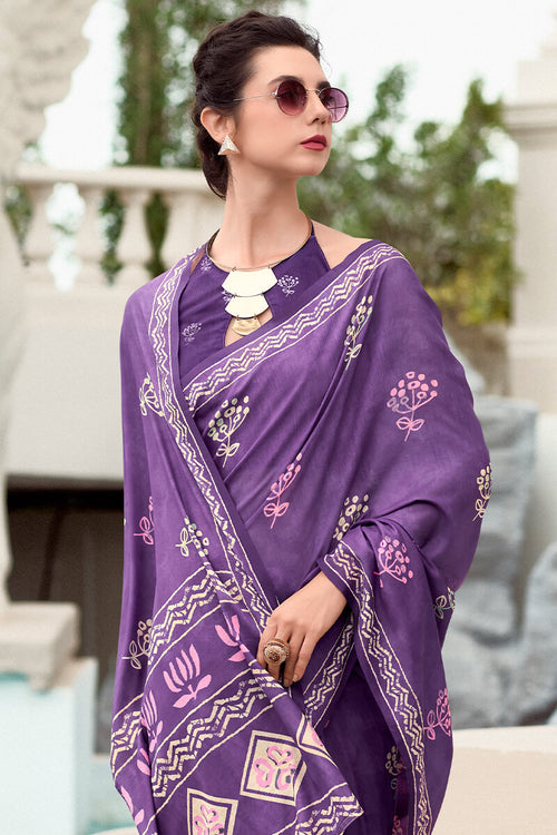 Load image into Gallery viewer, Tremendous Purple Printed Mul Cotton Saree With Alluring Blouse Piece
