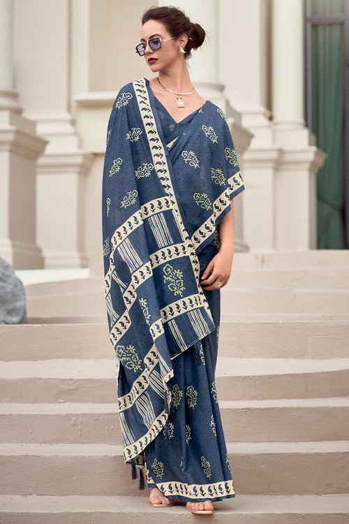 Load image into Gallery viewer, Smashing Navy Blue Printed Mul Cotton Saree With Enchanting Blouse Piece
