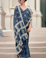 Smashing Navy Blue Printed Mul Cotton Saree With Enchanting Blouse Piece