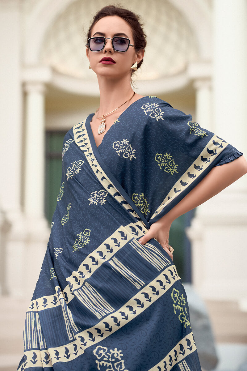 Smashing Navy Blue Printed Mul Cotton Saree With Enchanting Blouse Piece