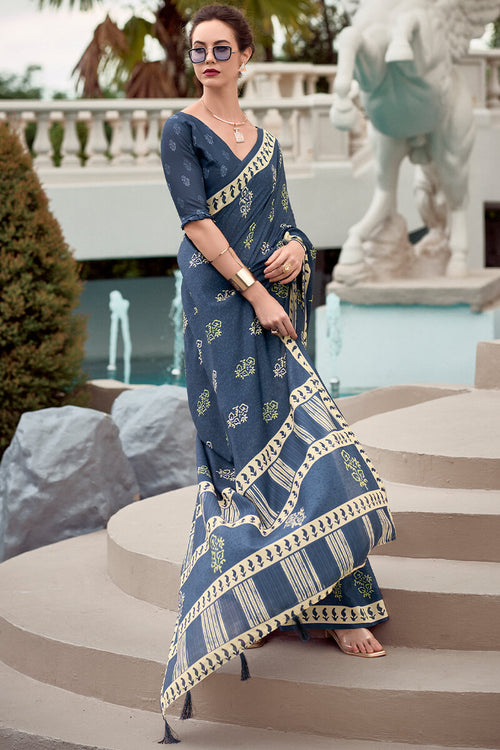 Load image into Gallery viewer, Smashing Navy Blue Printed Mul Cotton Saree With Enchanting Blouse Piece
