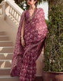 Quixotic Wine Printed Mul Cotton Saree With Embellished Blouse Piece