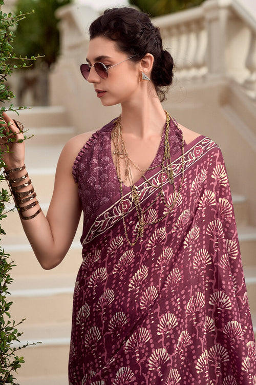 Load image into Gallery viewer, Quixotic Wine Printed Mul Cotton Saree With Embellished Blouse Piece
