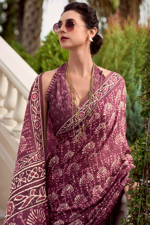 Load image into Gallery viewer, Quixotic Wine Printed Mul Cotton Saree With Embellished Blouse Piece
