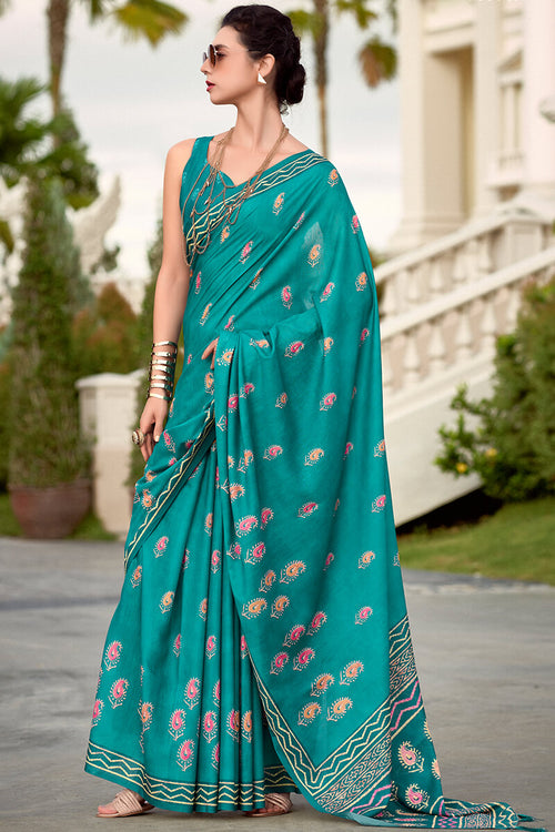 Load image into Gallery viewer, Conflate Firozi Printed Mul Cotton Saree With Diaphanous Blouse Piece
