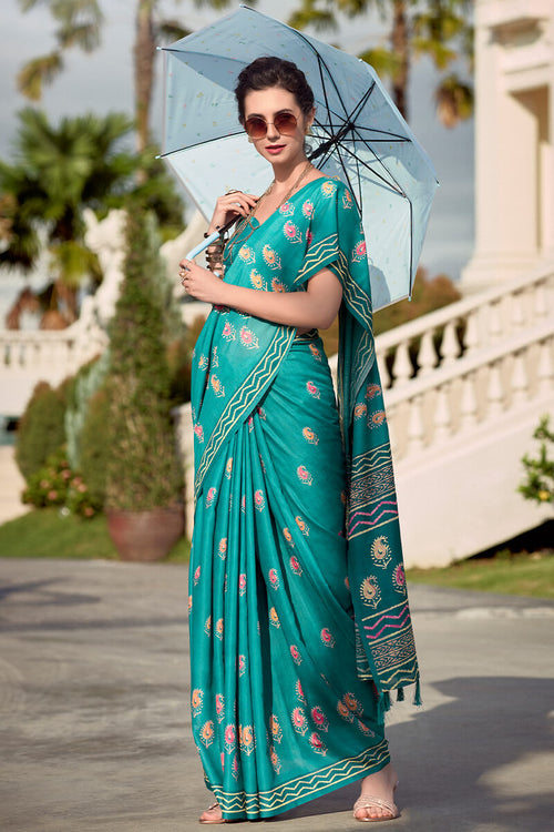 Load image into Gallery viewer, Conflate Firozi Printed Mul Cotton Saree With Diaphanous Blouse Piece
