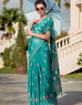 Conflate Firozi Printed Mul Cotton Saree With Diaphanous Blouse Piece