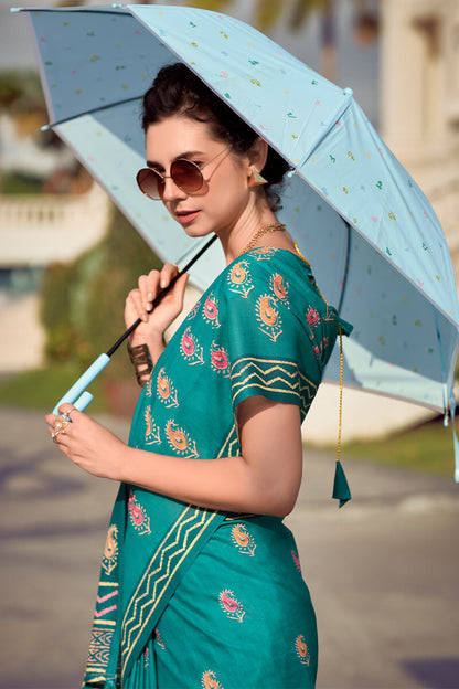 Conflate Firozi Printed Mul Cotton Saree With Diaphanous Blouse Piece