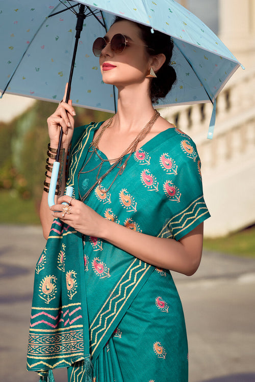 Load image into Gallery viewer, Conflate Firozi Printed Mul Cotton Saree With Diaphanous Blouse Piece
