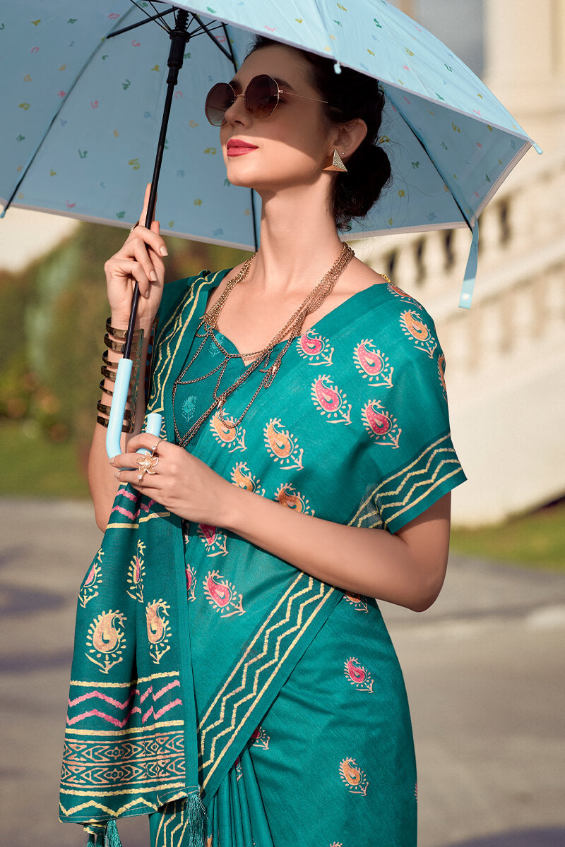 Conflate Firozi Printed Mul Cotton Saree With Diaphanous Blouse Piece