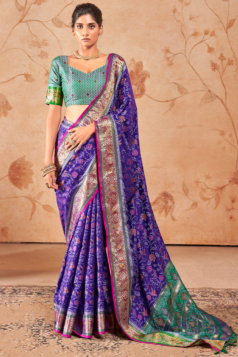 Angelic Royal Blue Soft Banarasi Silk Saree With Assemblage Blouse Piece