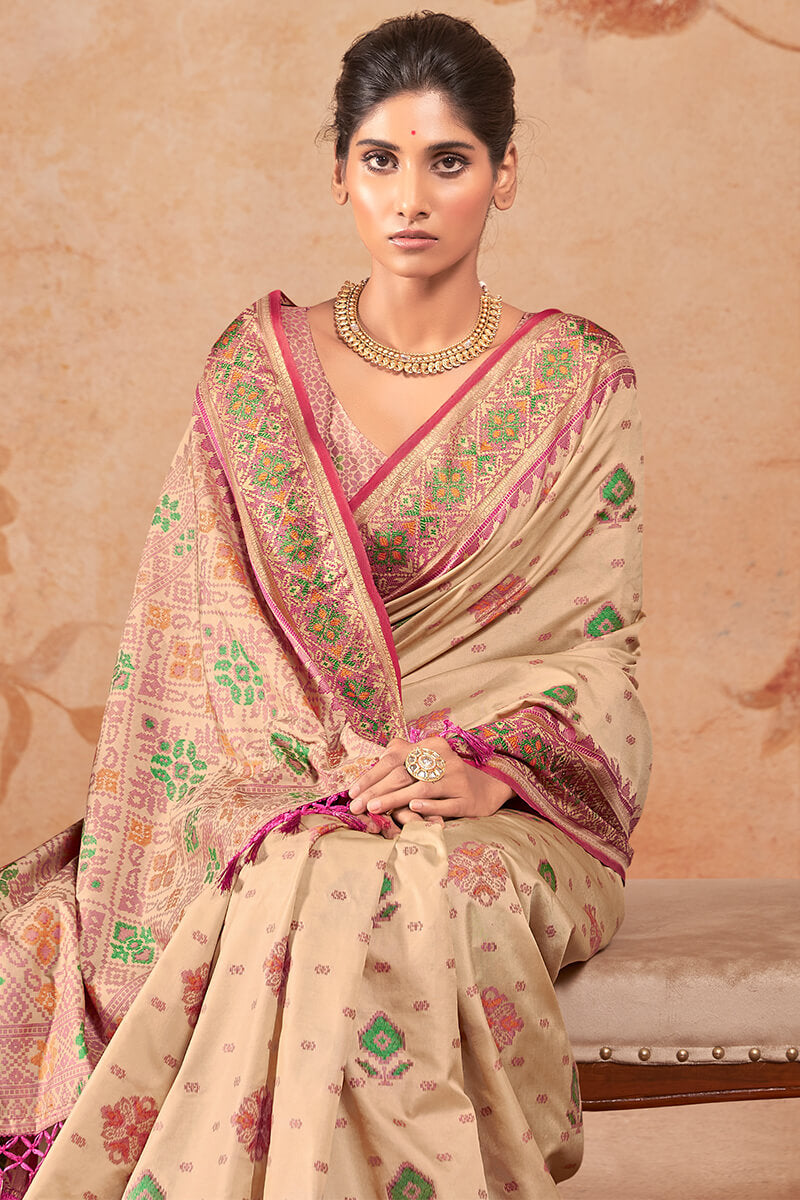 Dissemble Beige Soft Banarasi Silk Saree With Evanescent Blouse Piece