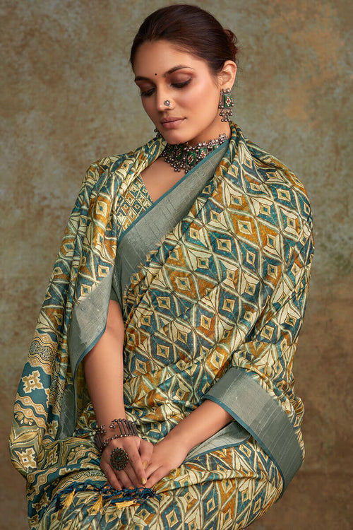 Load image into Gallery viewer, Susurrous Green Digital Printed Soft Silk Saree With Devastating Blouse Piece
