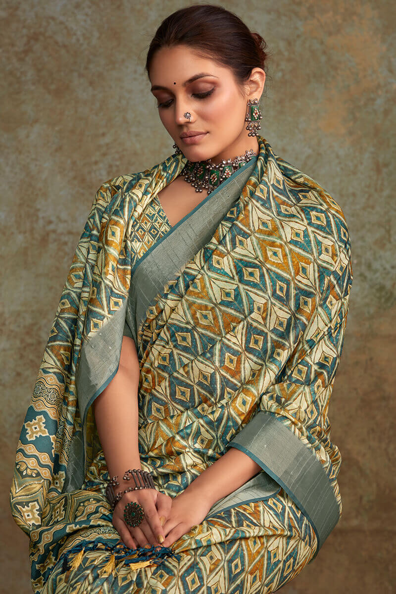 Susurrous Green Digital Printed Soft Silk Saree With Devastating Blouse Piece