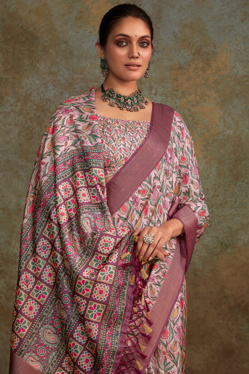 Engaging Lavender Digital Printed Soft Silk Saree With Gossamer Blouse Piece