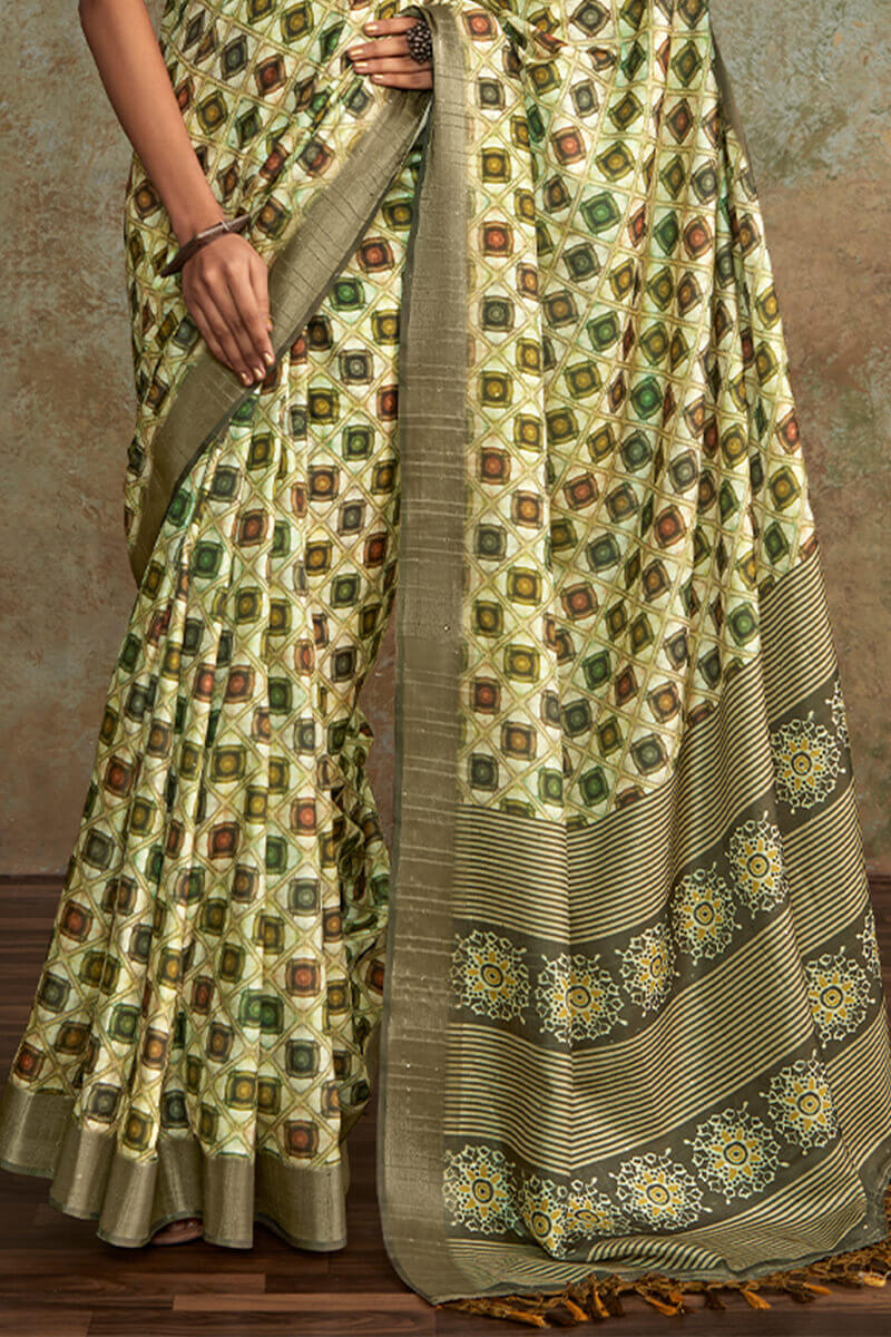 Jubilant Pista Digital Printed Soft Silk Saree With Pulsating Blouse Piece