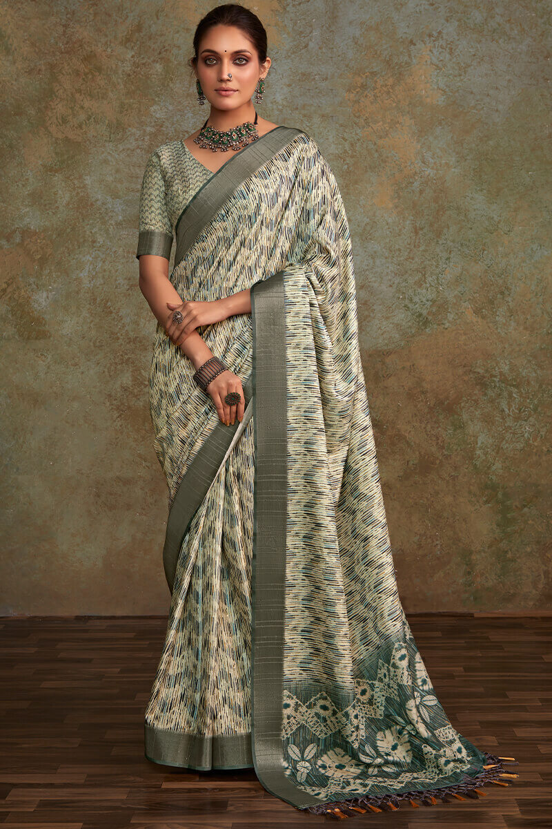 Aplomb Grey Digital Printed Soft Silk Saree With Opulent Blouse Piece