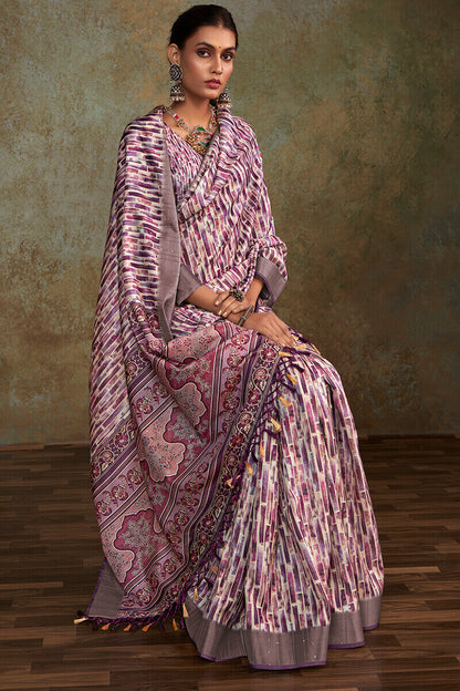 Embellished Lavender Digital Printed Soft Silk Saree With Nebula Blouse Piece
