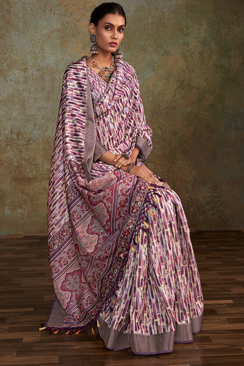 Load image into Gallery viewer, Embellished Lavender Digital Printed Soft Silk Saree With Nebula Blouse Piece
