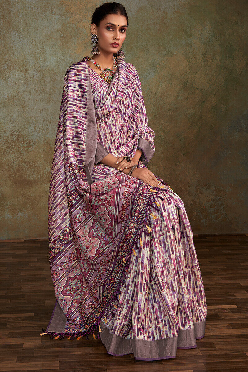 Embellished Lavender Digital Printed Soft Silk Saree With Nebula Blouse Piece