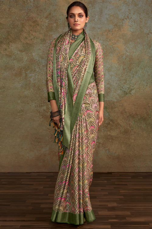 Load image into Gallery viewer, Sonorous Green Digital Printed Soft Silk Saree With Glamorous Blouse Piece
