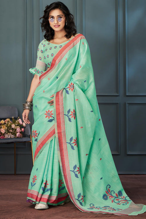 Load image into Gallery viewer, Cynosure Sea Green Cotton Silk Saree With Eloquence Blouse Piece
