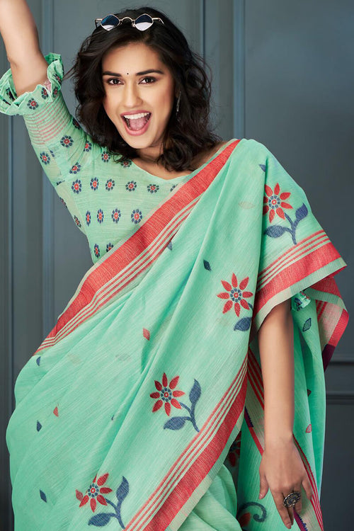 Load image into Gallery viewer, Cynosure Sea Green Cotton Silk Saree With Eloquence Blouse Piece
