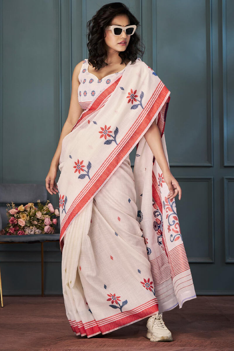 Vestigial Beige Cotton Silk Saree With Splendiferous Blouse Piece