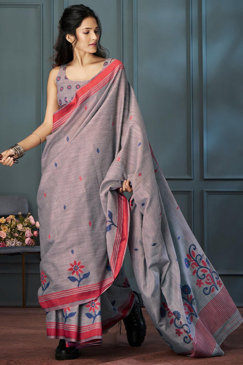 Load image into Gallery viewer, Tempting Grey Cotton Silk Saree With Supernal Blouse Piece
